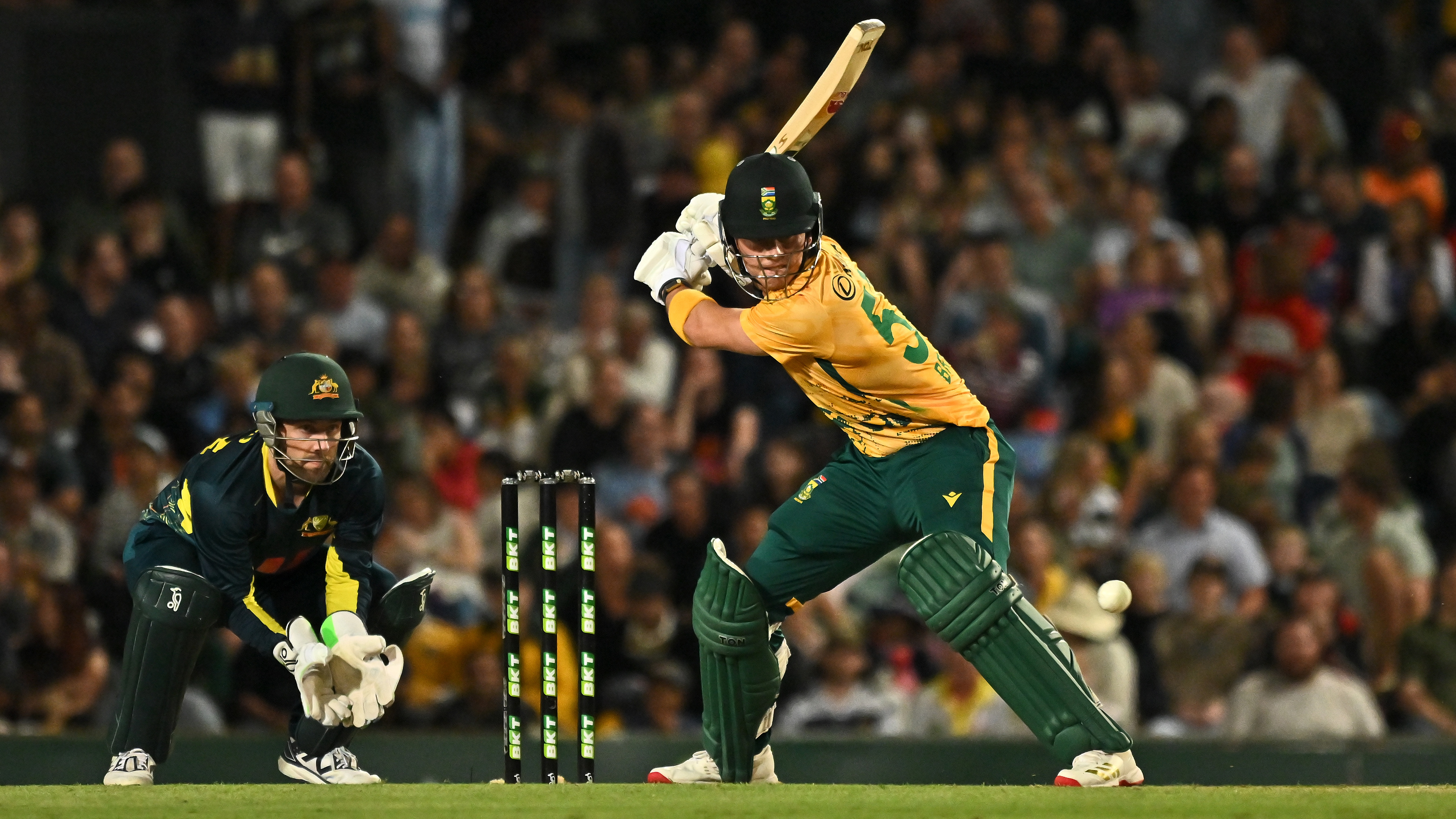 Dewald Brevis of South Africa bats during game three of the Men's T20 International series between Australia and South Africa at Cazaly's Stadium on August 16, 2025 in Cairns, Australia. 