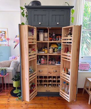 A kitchen pantry cabinet with jars and bottles in it