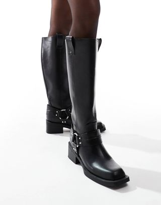 Asos Design Camila Flat Biker Harness Knee Boots in Black