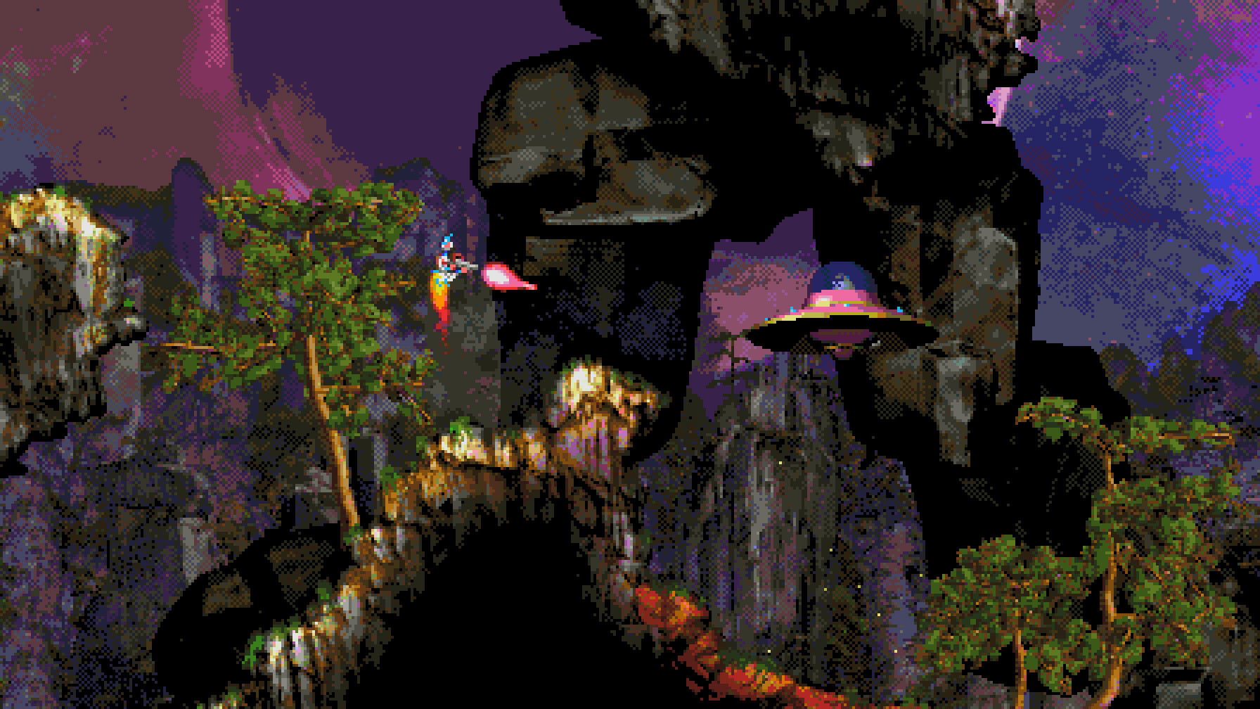Dark grey cliffs and a UFO in front of purple sky in Moons of Darsalon