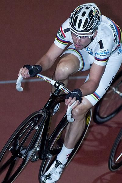 The 'Geelong Flyer', Leigh Howard, powers around the Tom Flood Sports Arena.