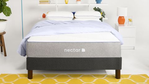 Nectar Essential Hybrid Mattress, press shot, in a styled bedroom