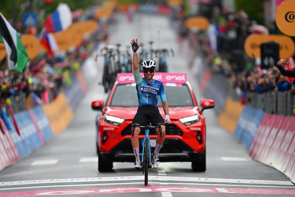 SAPPADA ITALY MAY 24 Andrea Vendrame of Italy and Decathlon AG2R La Mondiale Team celebrates at finish line as stage winner during the 107th Giro dItalia 2024 Stage 19 a 157km stage from Mortegliano to Sappada 1236m UCIWT on May 24 2024 in Sappada Italy Photo by Tim de WaeleGetty Images