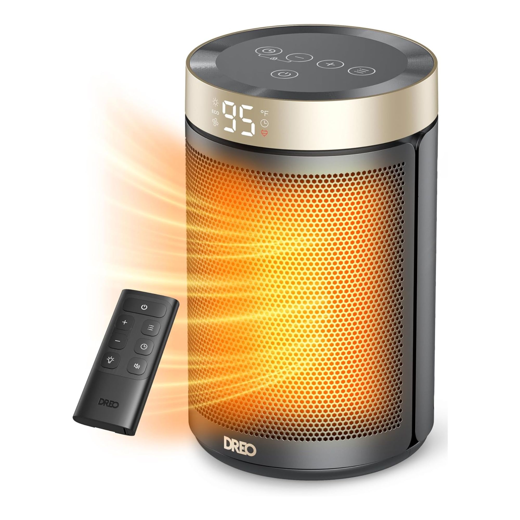 Dreo Space Heater with orange beams pictured coming from appliance next to remote, against white background.