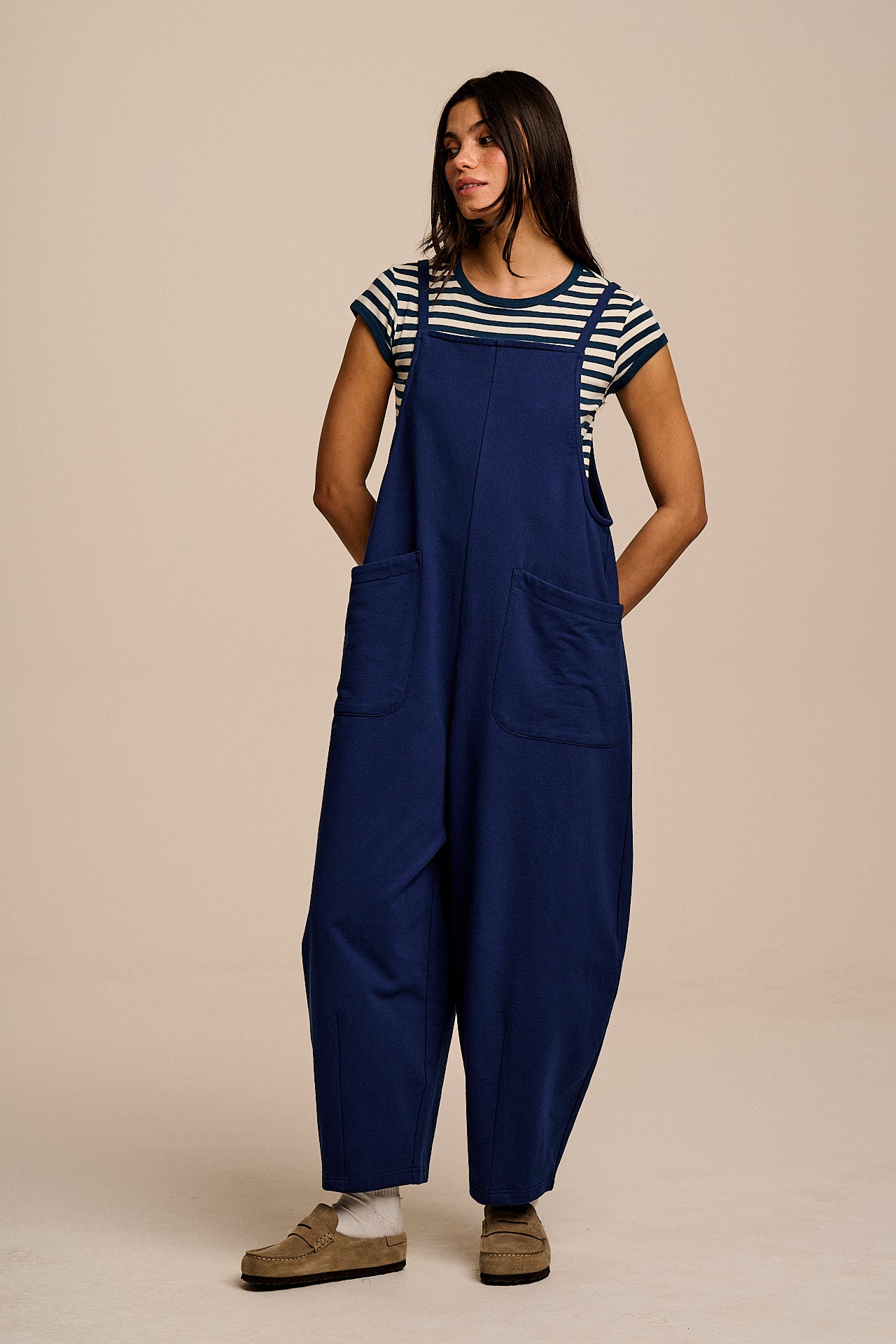 Oaxaca - Cotton Jersey Barrel Leg Dungarees in Navy - Navy / Uk 4 / Regular
