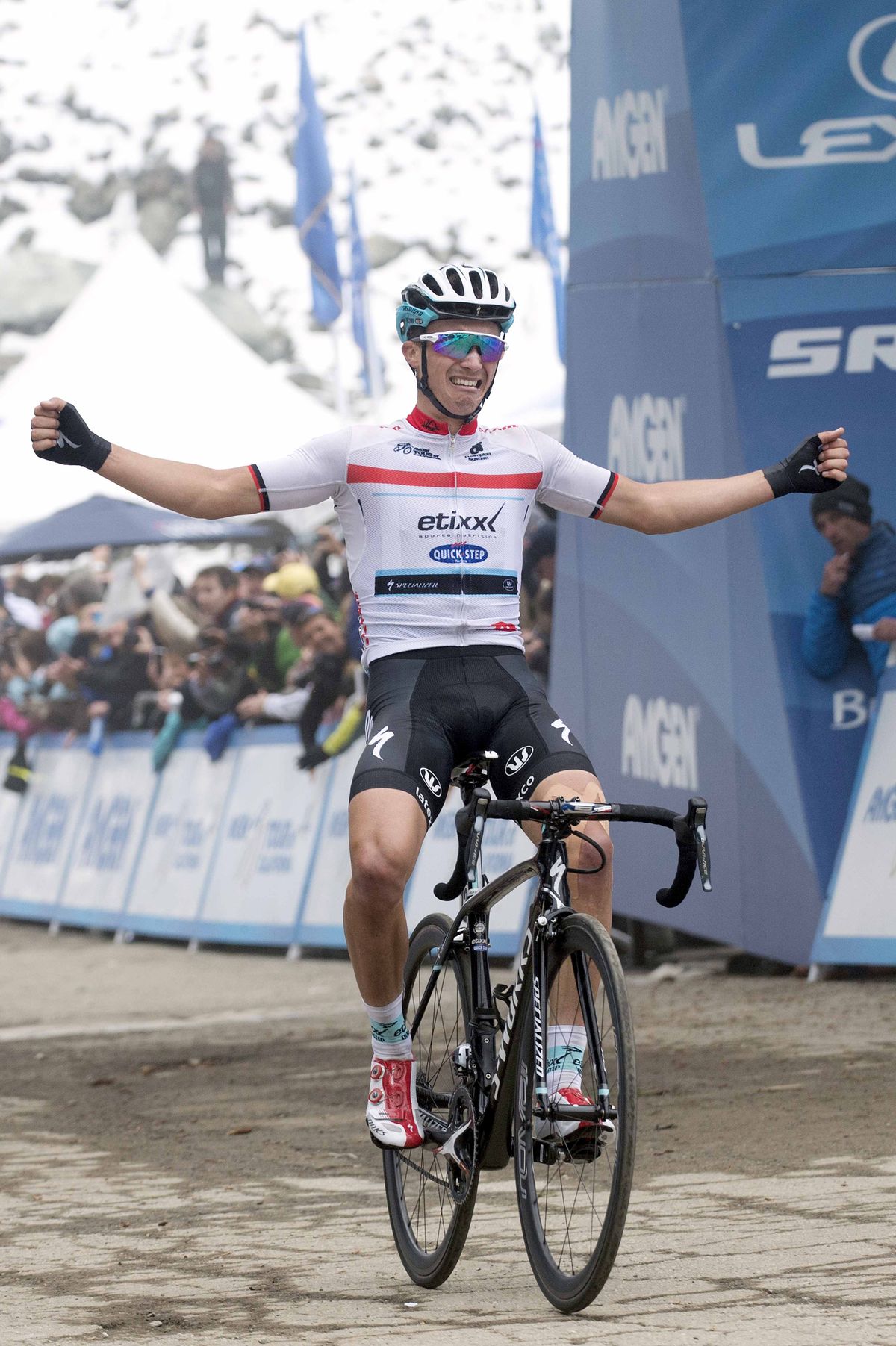 Julian Alaphilippe (Etixx-Quickstep) crosses the line alone to win on Mt Baldy