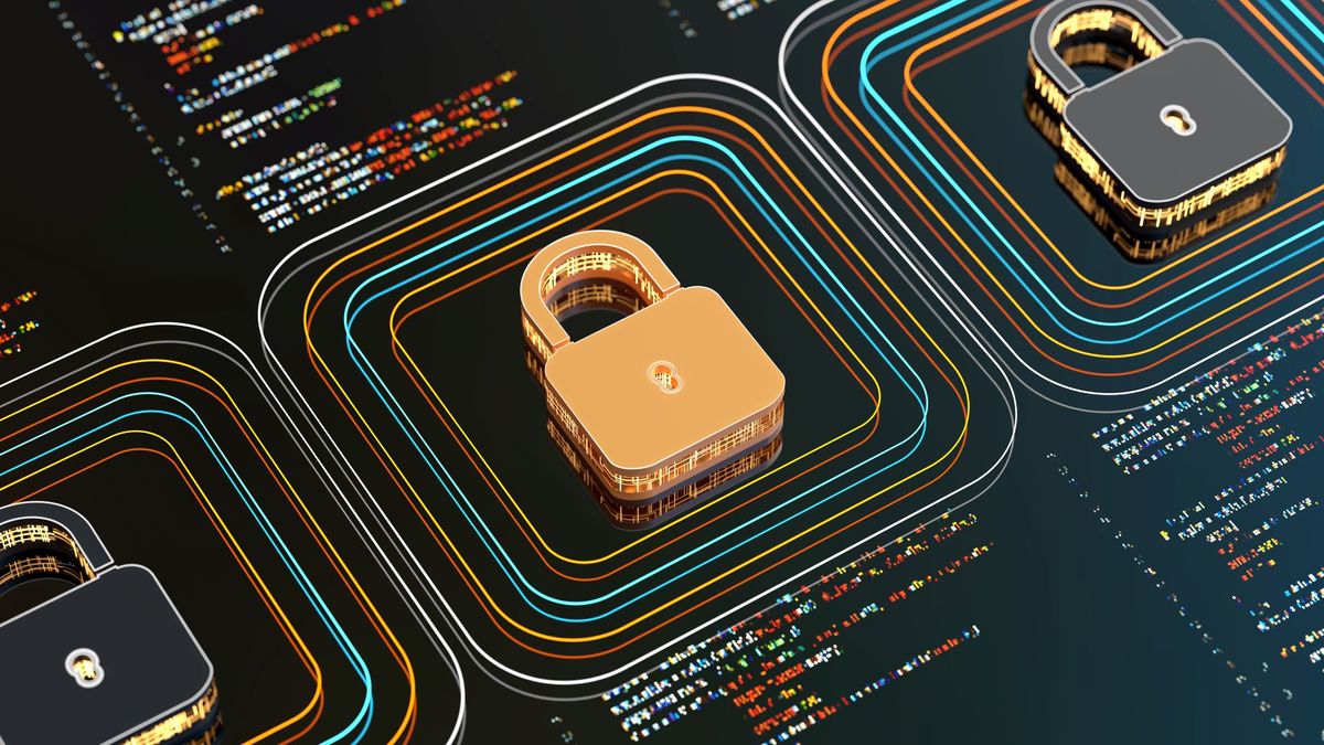 A digital image depicting end to end encryption via three padlocks surrounded by glowing lines and code