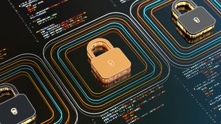 A digital image depicting end to end encryption via a padlock surrounded by glowing lines