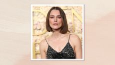 Keira Knightley is pictured with a tousled bob hairstyle at the 82nd Annual Golden Globe Awards at The Beverly Hilton on January 05, 2025 in Beverly Hills, California/ in a cream to peach gradient template