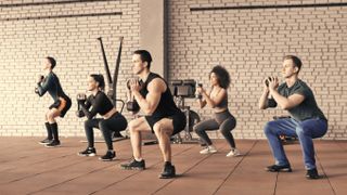 Group of people performing goblet squat with dumbbells in gym