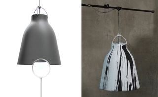Two images: Left- Grey hanging lampshade, Right- Marble swirls hanging lampshade