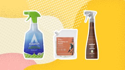 Best cleaning products graphic with Astonish mold remover, Bower collective washing up liquid and Method wood cleaner