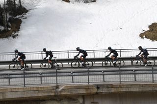 INNSBRUCK AUSTRIA APRIL 19 Romain Bardet of France Romain Combaud of France Jai Hindley of Australia Nicholas Roche of Ireland Michael Storer of Australia and Team DSM during the 44th Tour of the Alps 2021 Stage 1 a 1406km stage from Brixen to Innsbruck Snow TourofTheAlps TouroftheAlps on April 19 2021 in Innsbruck Austria Photo by Tim de WaeleGetty Images