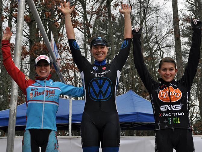 Day 2 North Carolina Grand Prix elite women's podium (L-R): Katie Arnold, 2nd; Amanda Carey, 1st; Emily Shields, 3rd