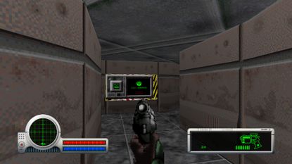 A picture of Classic Marathon showing the player walking down a corridor in first-person with a gun drawn and a terminal at the other corner