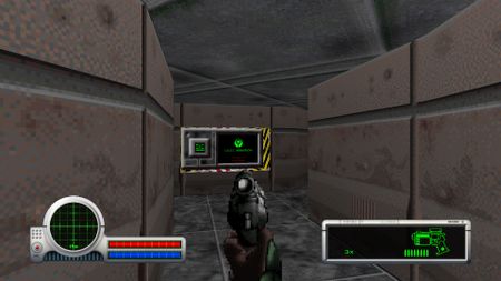 A picture of Classic Marathon showing the player walking down a corridor in first-person with a gun drawn and a terminal at the other corner