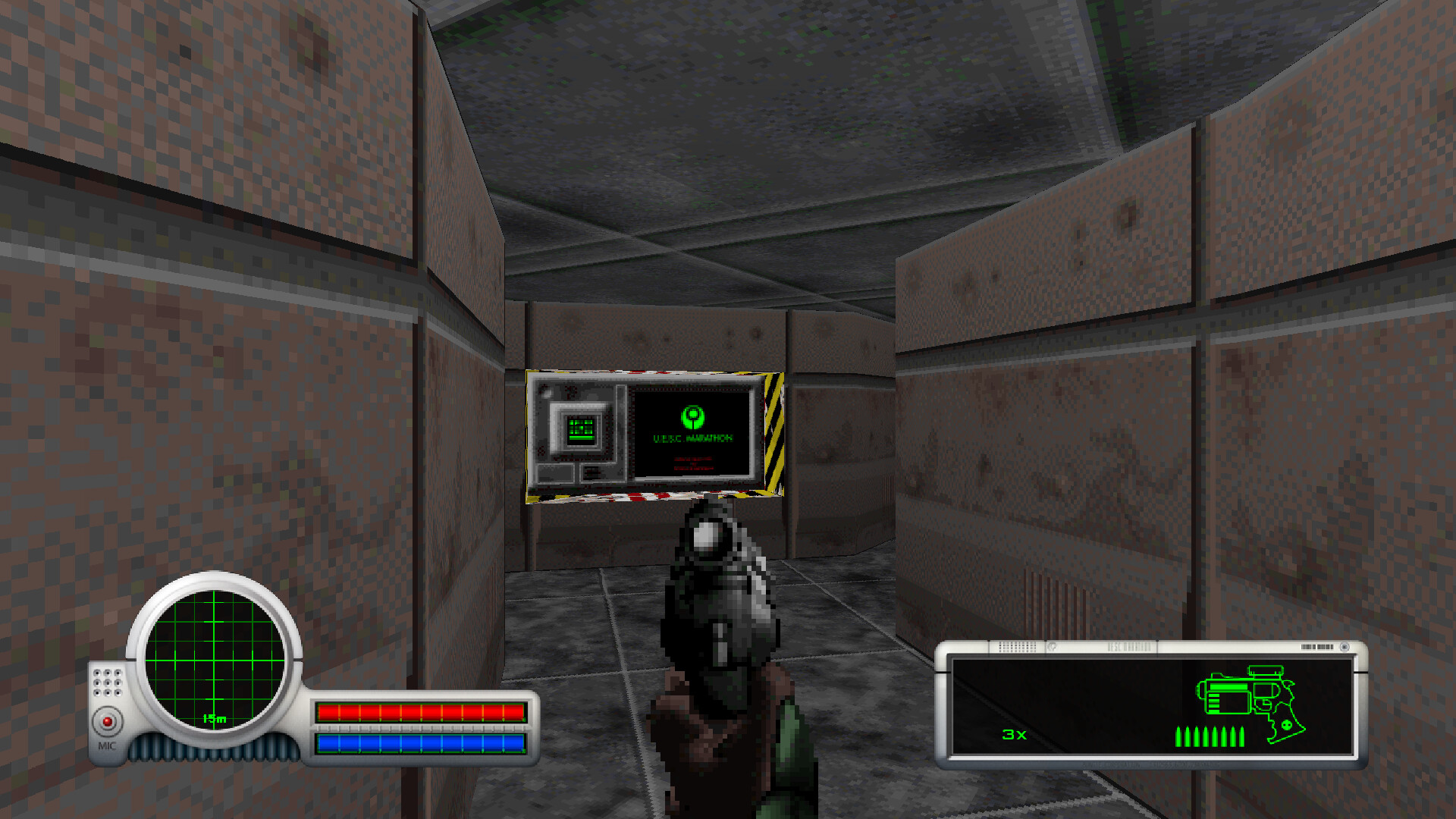 A picture of Classic Marathon showing the player walking down a corridor in first-person with a gun drawn and a terminal at the other corner