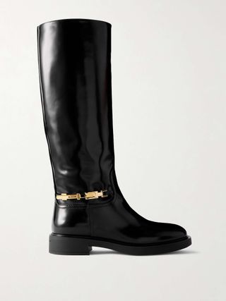 Buckle-Embellished Glossed-Leather Boots