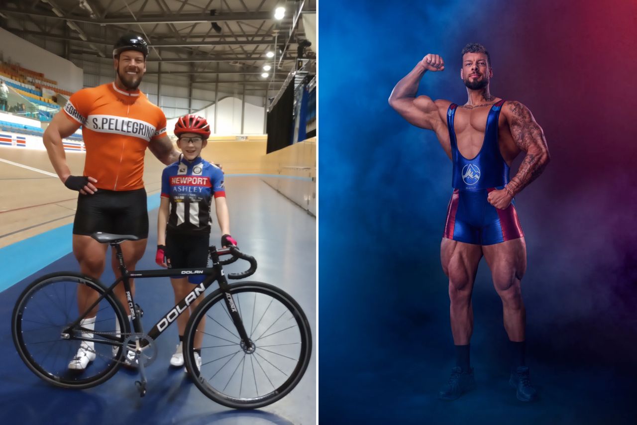 Gladiator Jamie Christian aka Giant with a track bike at Derby Velodrome