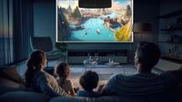 Seen from behind, a family on a sofa watches an animated film on a ceiling-mounted BenQ W2720i projector.