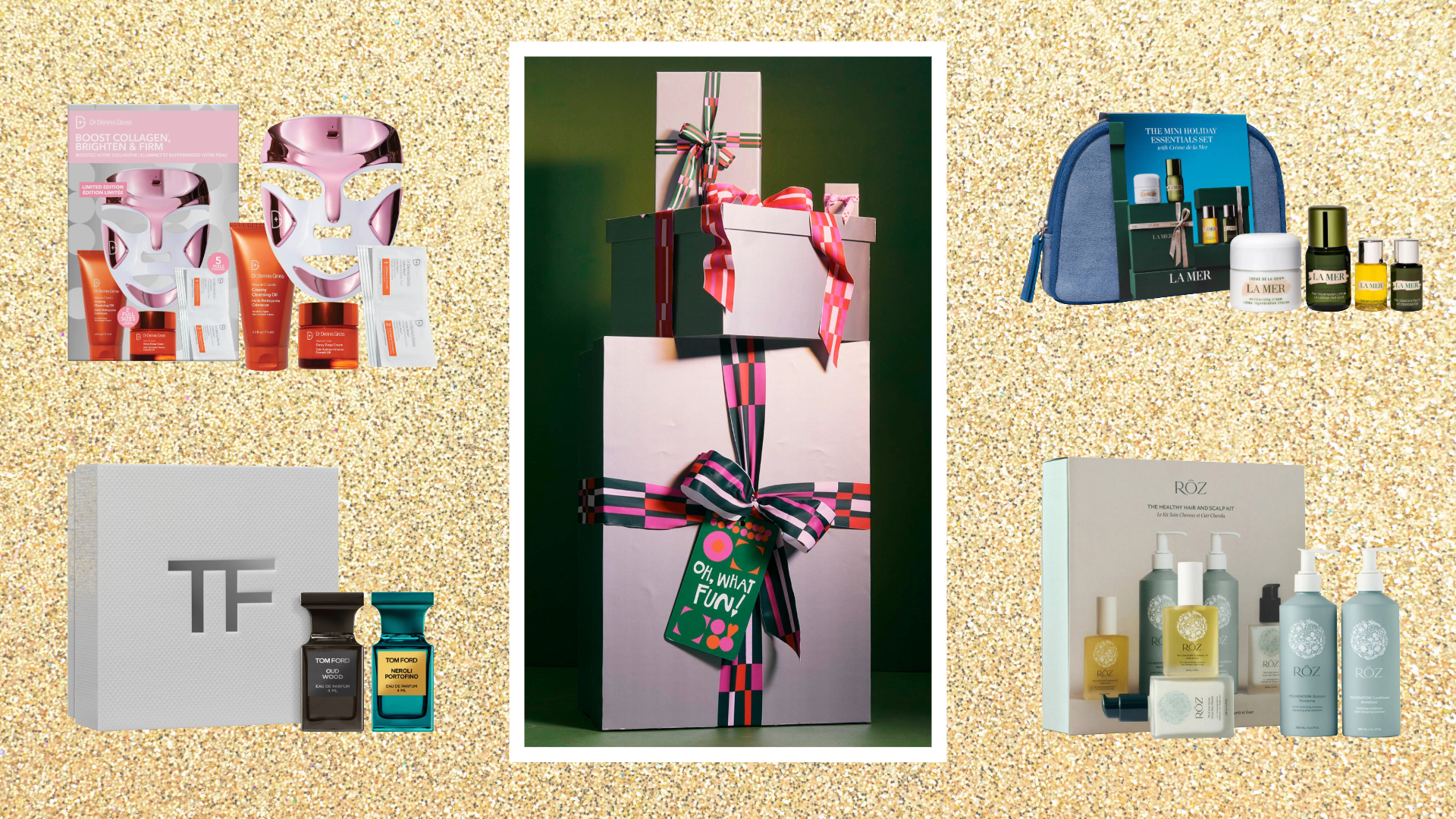 Gold glitter background overlaid with image of wrapped presents Gold glitter background overlaid with image of wrapped presents and gift sets from Dr. Dennis Gross, tom ford, la mer, and roz