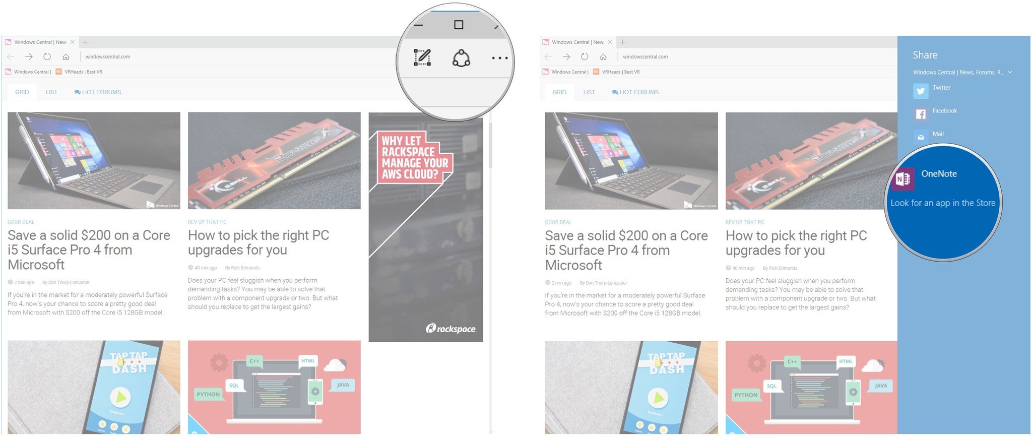 Click the Share button. Click Look for an app in the Store.