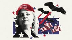Photo composite of Liz Truss, American flags and bald eagles