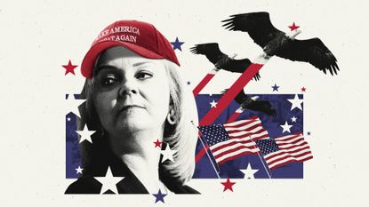 Photo composite of Liz Truss, American flags and bald eagles