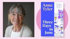 Anne Tyler headshot next to the cover of Three Days In June on a pink background