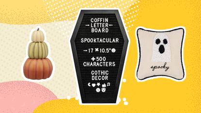 Where to buy Halloween decorations graphic with stackable pumpkins, coffin letterboard and spooky cushion