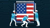American flag superimposed on computer chip being positioned by workers