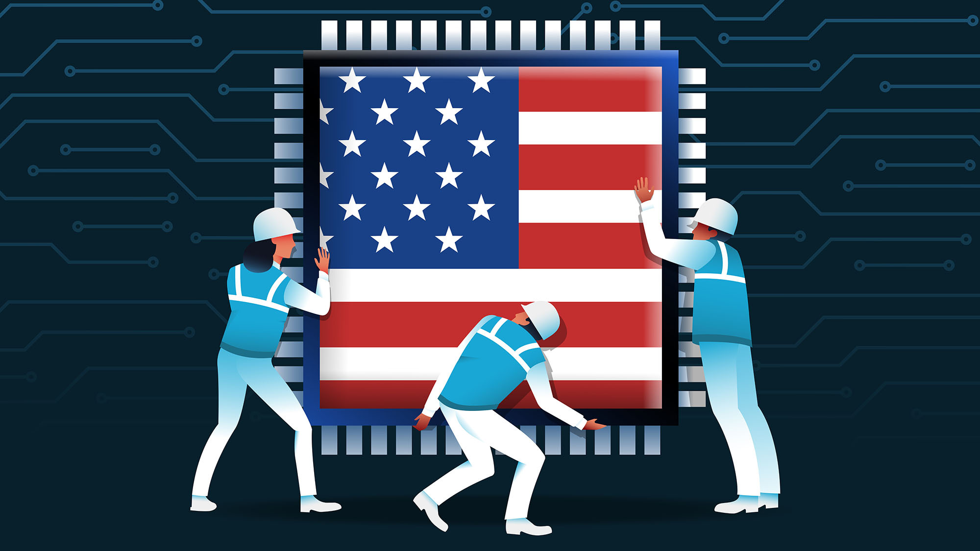 American flag superimposed on computer chip being positioned by workers
