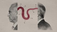 Photo collage of RFK Jr.'s profile, cut in half to reveal a large pink worm between the two halves of the photo