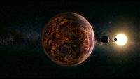 An illustration of a reddish world with orange and yellow cloud coverage. There are two worlds in the background and a glowing star behind all of this.