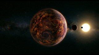 An illustration of an improbable planetary system including the massive brown dwarf TOI-201 c, the warm Jupiter TOI-201 b, the rocky super-Earth TOI-201 d, and the host star TOI-201