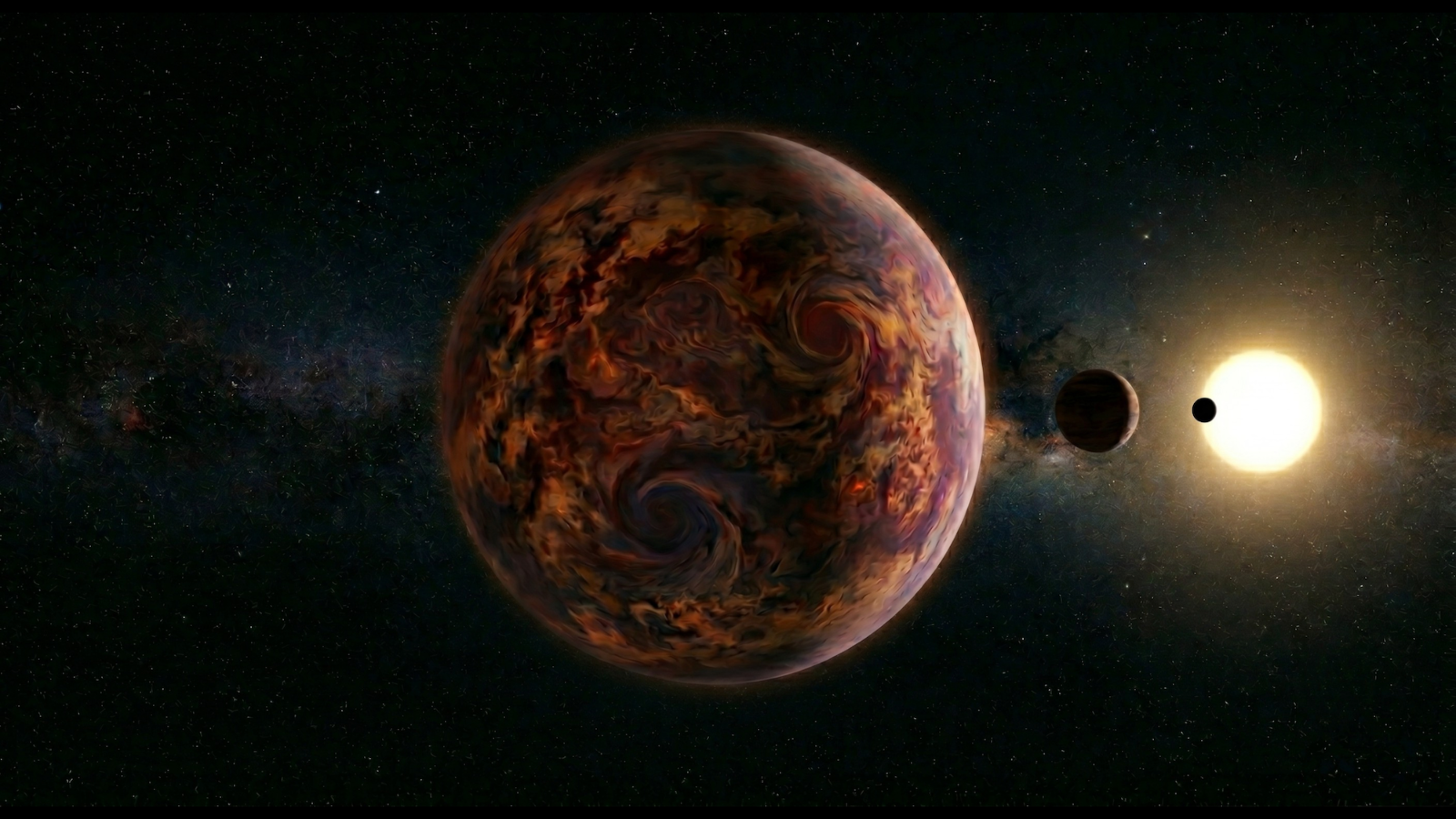 An illustration of a reddish world with orange and yellow cloud coverage. There are two worlds in the background and a glowing star behind all of this.