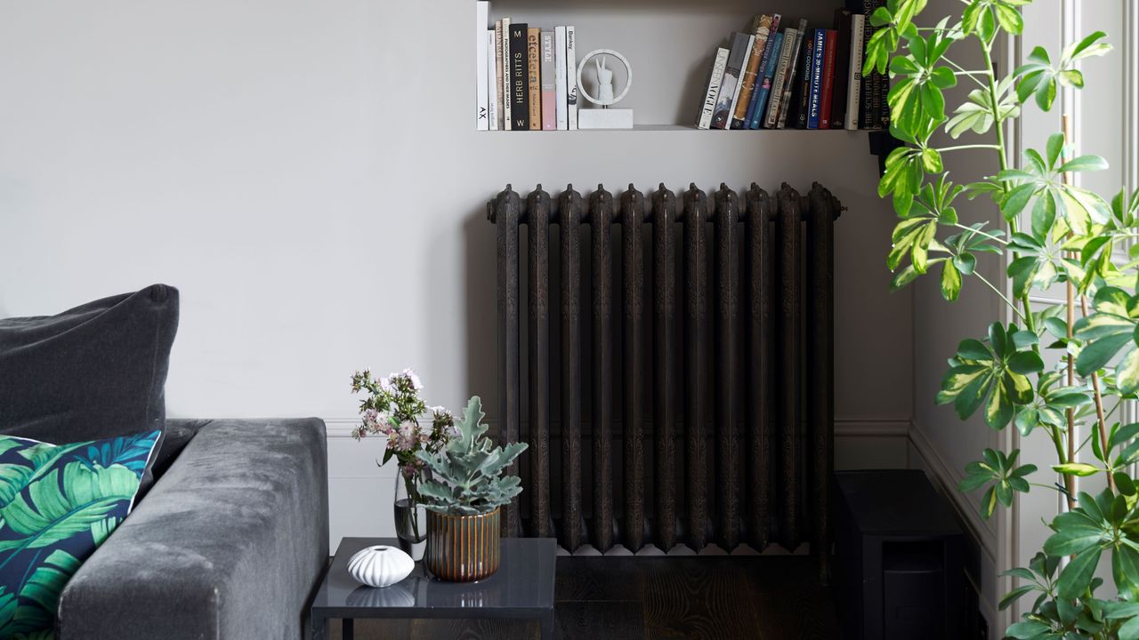 Shelving built into a corner alcove below elaborate coving with a dark metal radiator and dark wooden flooring