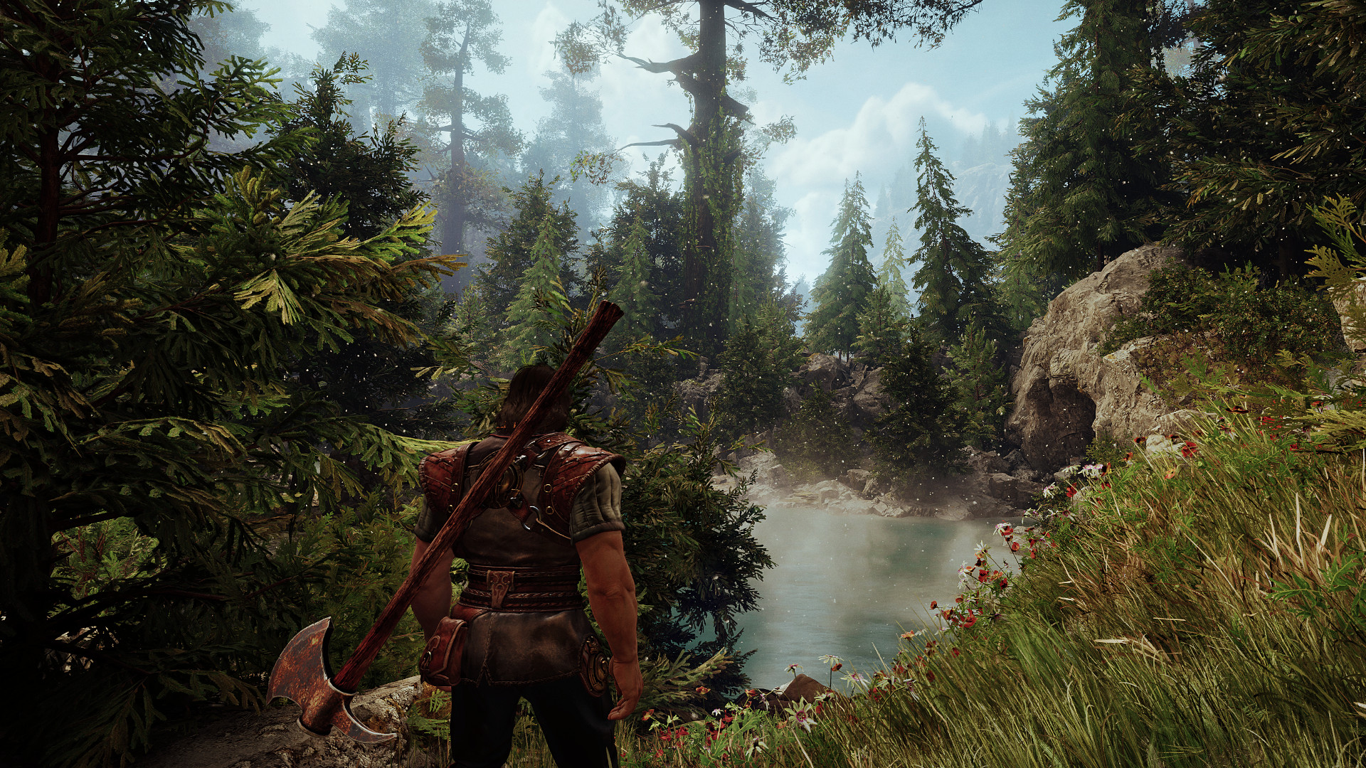 Aran looks ahead at a lush forest in Blades of Fire