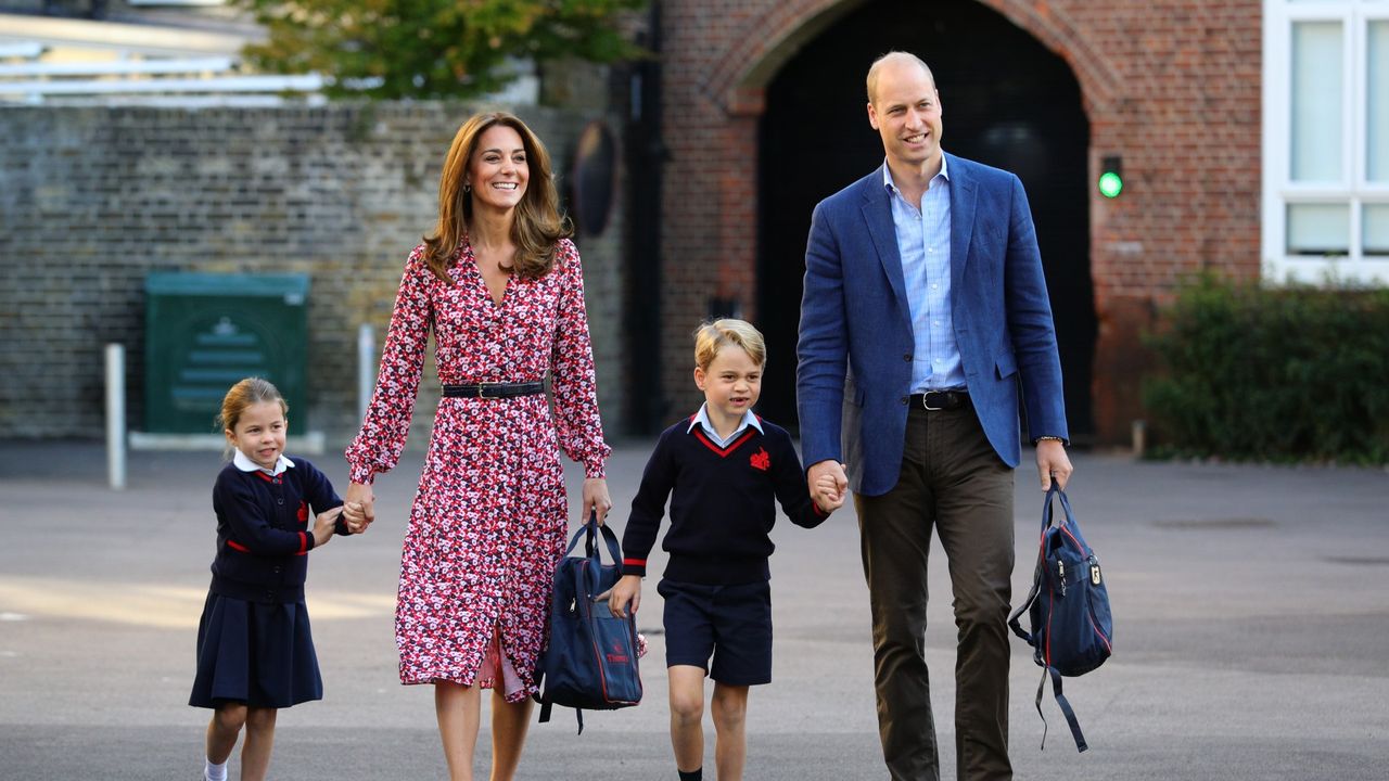 Princess Charlotte arrives for her first day of school, with her brother Prince George and her parents the Duke and Duchess of Cambridge