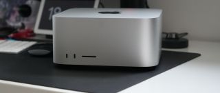 The front of the Mac Studio M2 Ultra, one of the best computers for graphic design, on a desk
