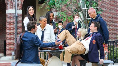 Eli Brown, Savannah Smith, Zion Moreno, Jordan Alexander, Thomas Doherty, Emily Alyn Lind and Evan Mock are seen at the film set of the 'Gossip Girl' TV Series on March 11, 2021 in New York City.