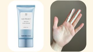 Images showing Thank You Farmer Sun Project Water Sun Cream SPF 50+ and swatches