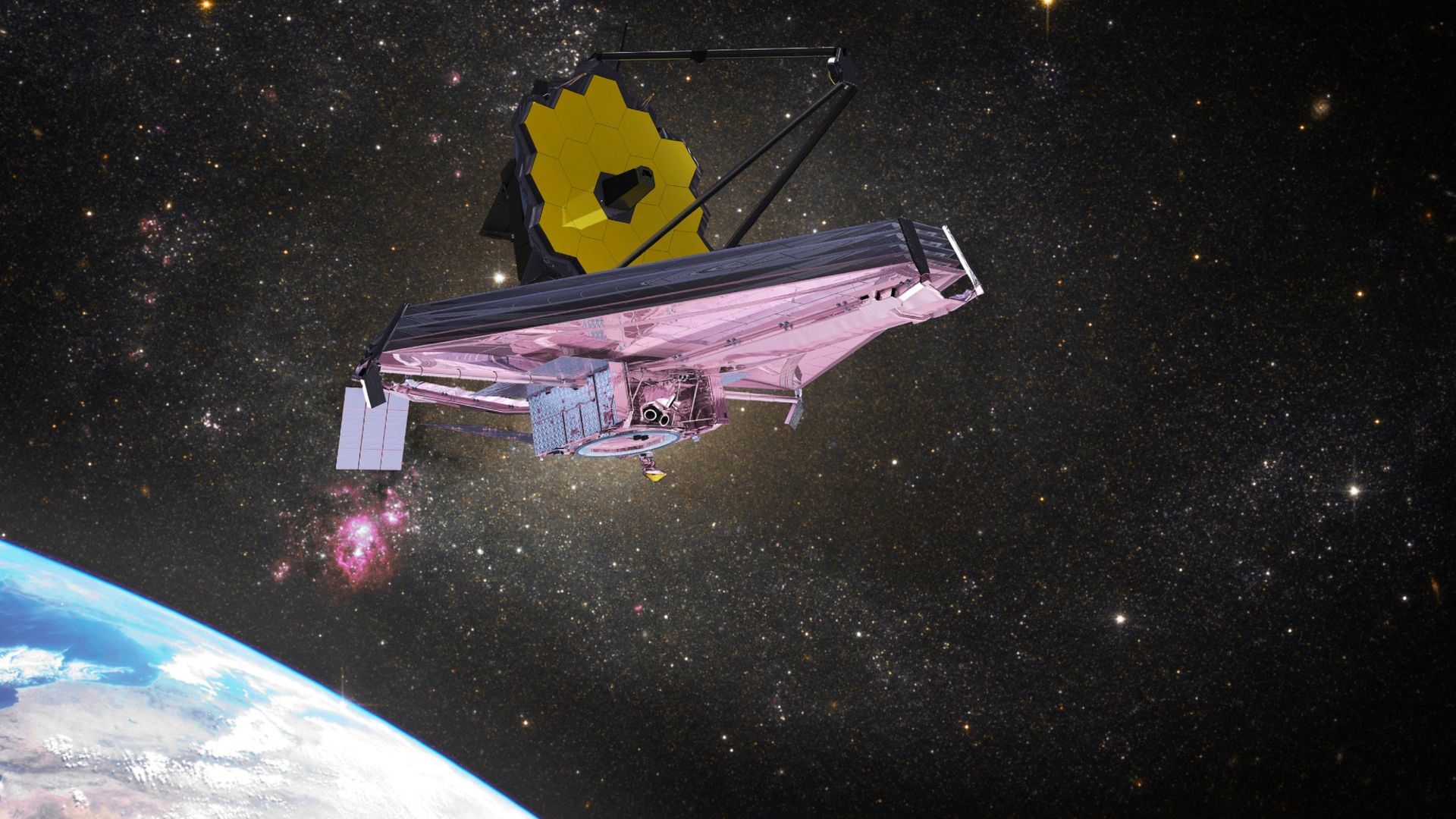 An artist's impression of JWST orbiting Earth and looking out into the cosmos