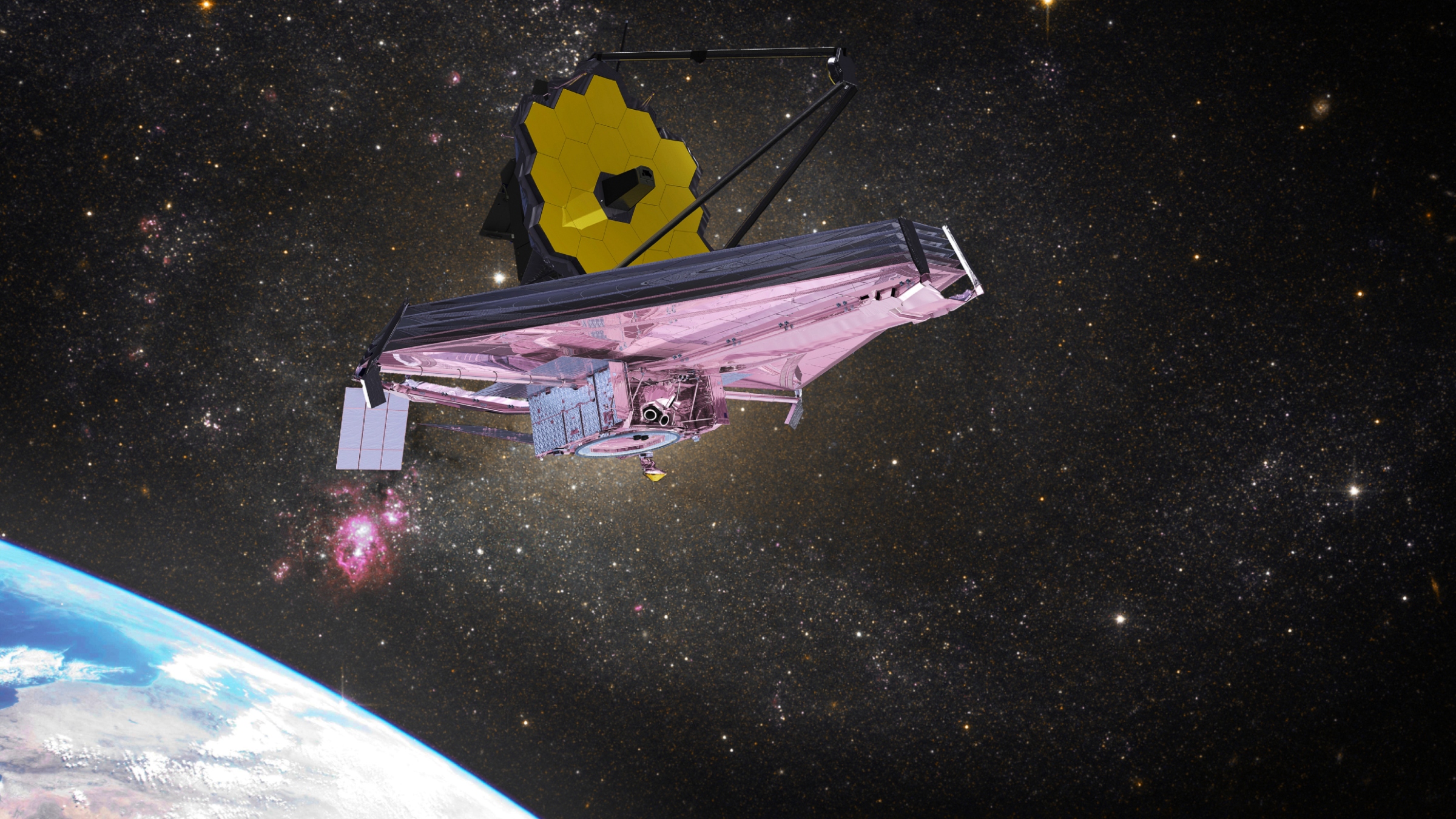 An artist's impression of JWST orbiting Earth and looking out into the cosmos