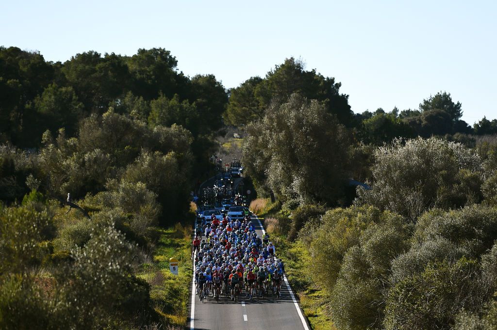 PALMA SPAIN JANUARY 30 A general view of the peloton competing during the 1st Challenge Ciclista Mallorca 2022 Trofeo Playa De PalmaPalma a 1691km race from Playa de Palma to Palma ChallengeMallorca on January 30 2022 in Palma Spain Photo by Dario BelingheriGetty Images