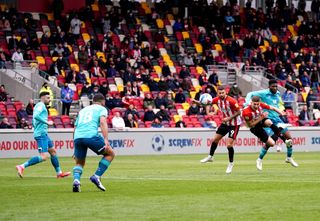 Brentford’s Vitaly Janelt scores with an unorthodox finish