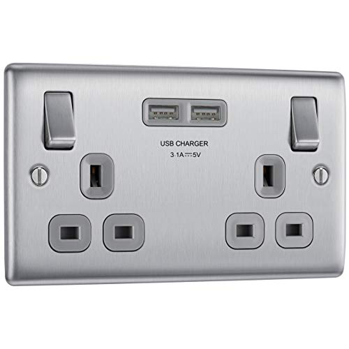 Bg Electrical Double Switched Power Wall Plug Socket With Two Usb-A Charging Ports, Nexus Metal, Brushed Steel, Grey Inserts, Nbs22u3g