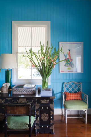 Bright blue small home office