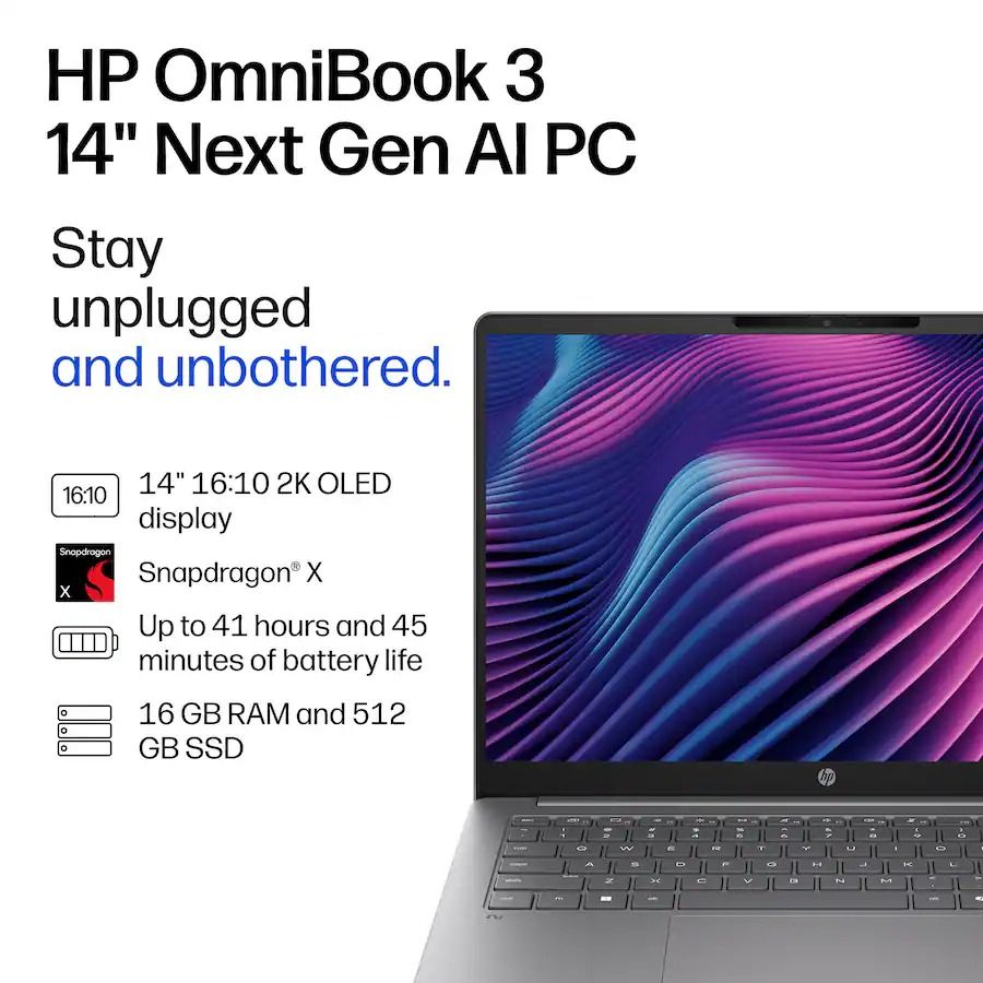 HP OmniBook 3 14-inch Next Gen AI PC ad featuring a laptop with colorful flowing display, Snapdragon X, long battery life, and 16 GB RAM.