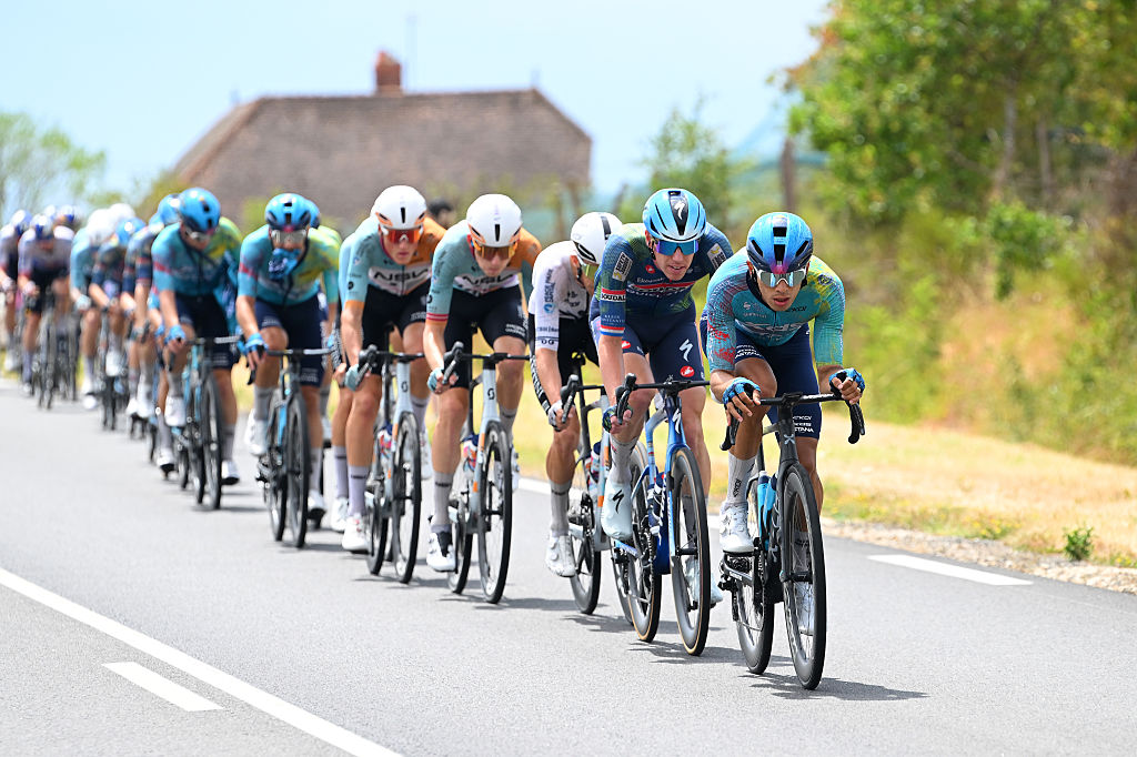 NEVERS, FRANCE - JULY 15: (L-R) Pascal Eenkhoorn of Netherlands and Team Soudal Quick-Step and Harold Tejada of Colombia and Team XDS Astana leads the peloton during the 113th Tour de France 2026, Stage 11 a 161.3km stage from Vichy to Nevers / #UCIWT / on July 15, 2026 in Nevers, France. (Photo by Tim de Waele/Getty Images)